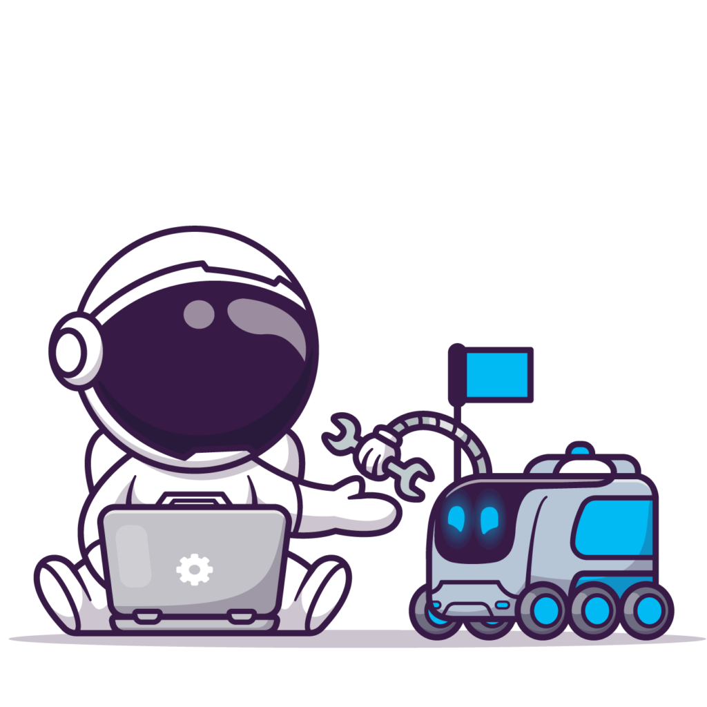 Illustration des compétences informatiques : Illustration d'un astronaute travaillant sur un ordinateur assisté par un robot