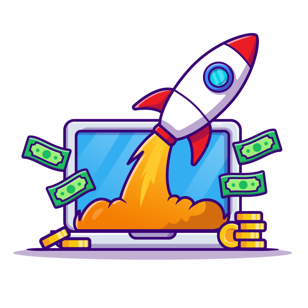 Illustration de la compétence de marketing digital : Illustration d'une fusée décollant d'un ordinateur avec de l'argent autour