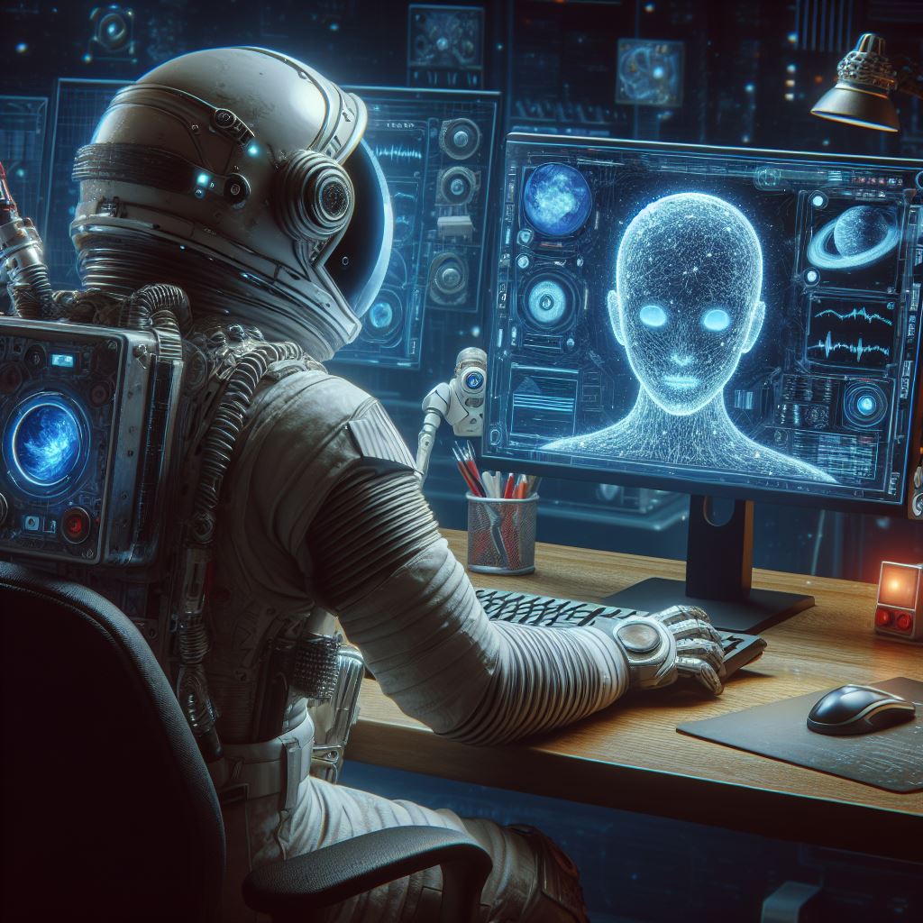 Astronaute communicant avec une intelligence artificielle via un ordinateur : Astronaute face à son PC où une IA sous forme humanoïde communique avec lui