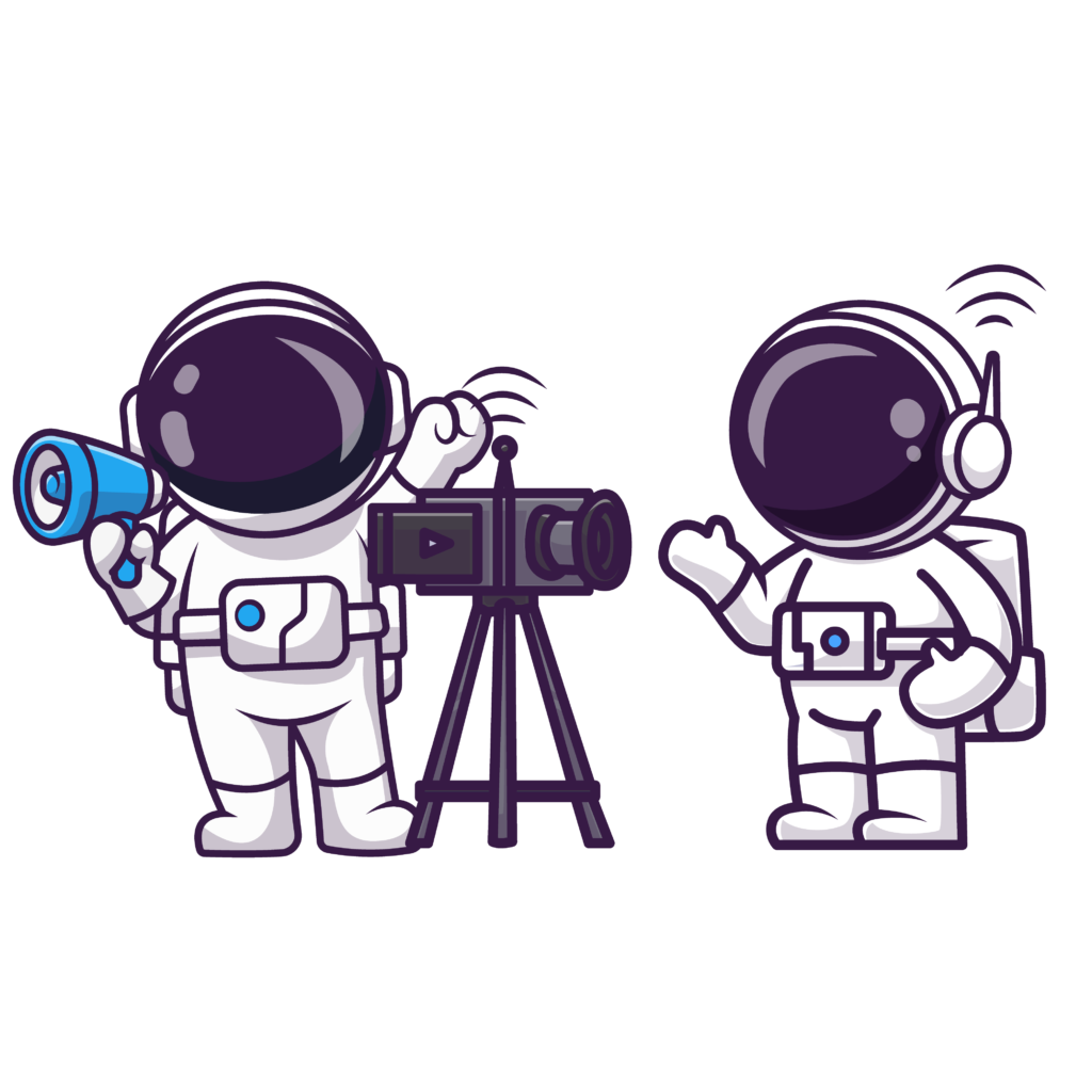 Accompagnement pour la communication des solutions digitales : un astronaute qui film et utilise un porte voix pour aider un autre astronaute