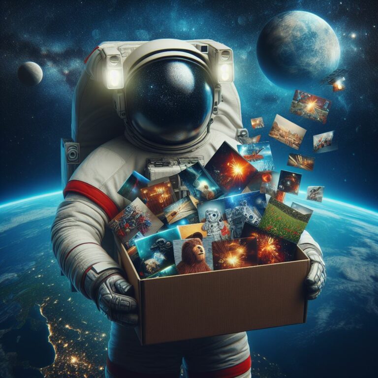 Astronaute avec une multitude de choix de photos : Astronaute tenant une boîte remplie de photos