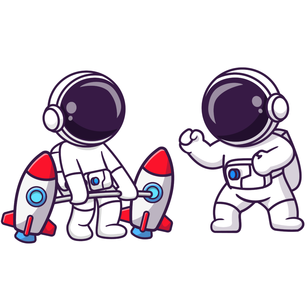 Présentation des tarifs de formations et coaching des solutions digitales : Un astronaute encourage un autre soulevant une barre avec deux fusées au bout à la place de poids