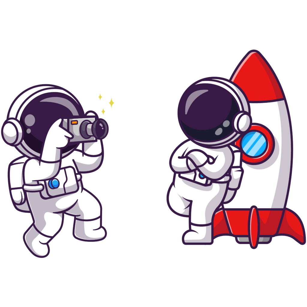 Présentation des tarifs de communication des solutions digitales : Astronaute prenant en photo un autre astronaute devant sa fusée