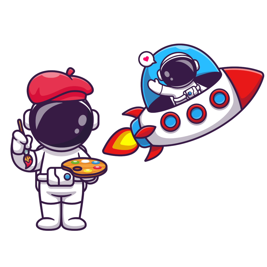 Présentation des tarifs de design des solutions digitales : Astronaute artiste avec un pinceau et une palette de peinture, à l'arrière un astronaute dans sa fusée toute neuve décolle