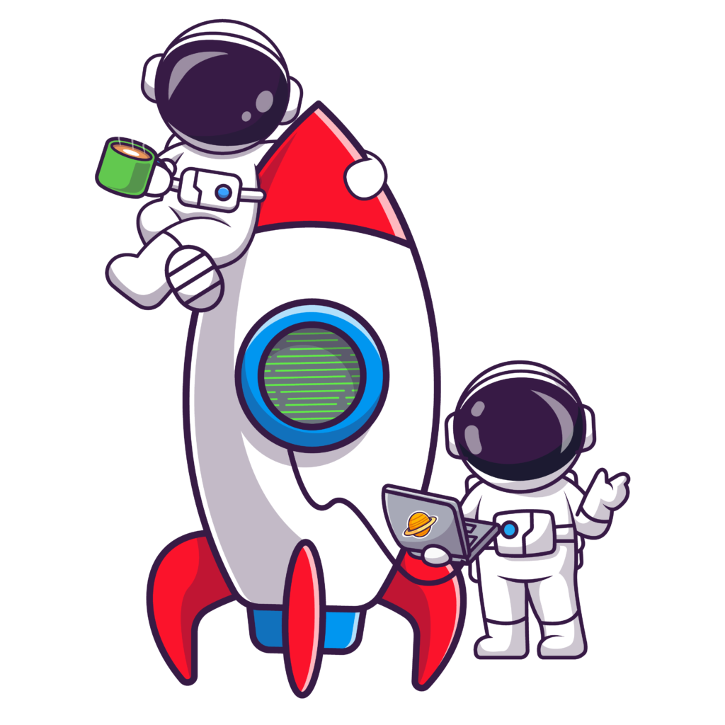 Présentation des tarifs des prestations informatiques des solutions digitales : Un astronaute codant une fusée via son ordinateur pendant que l'autre astronaute bois un café