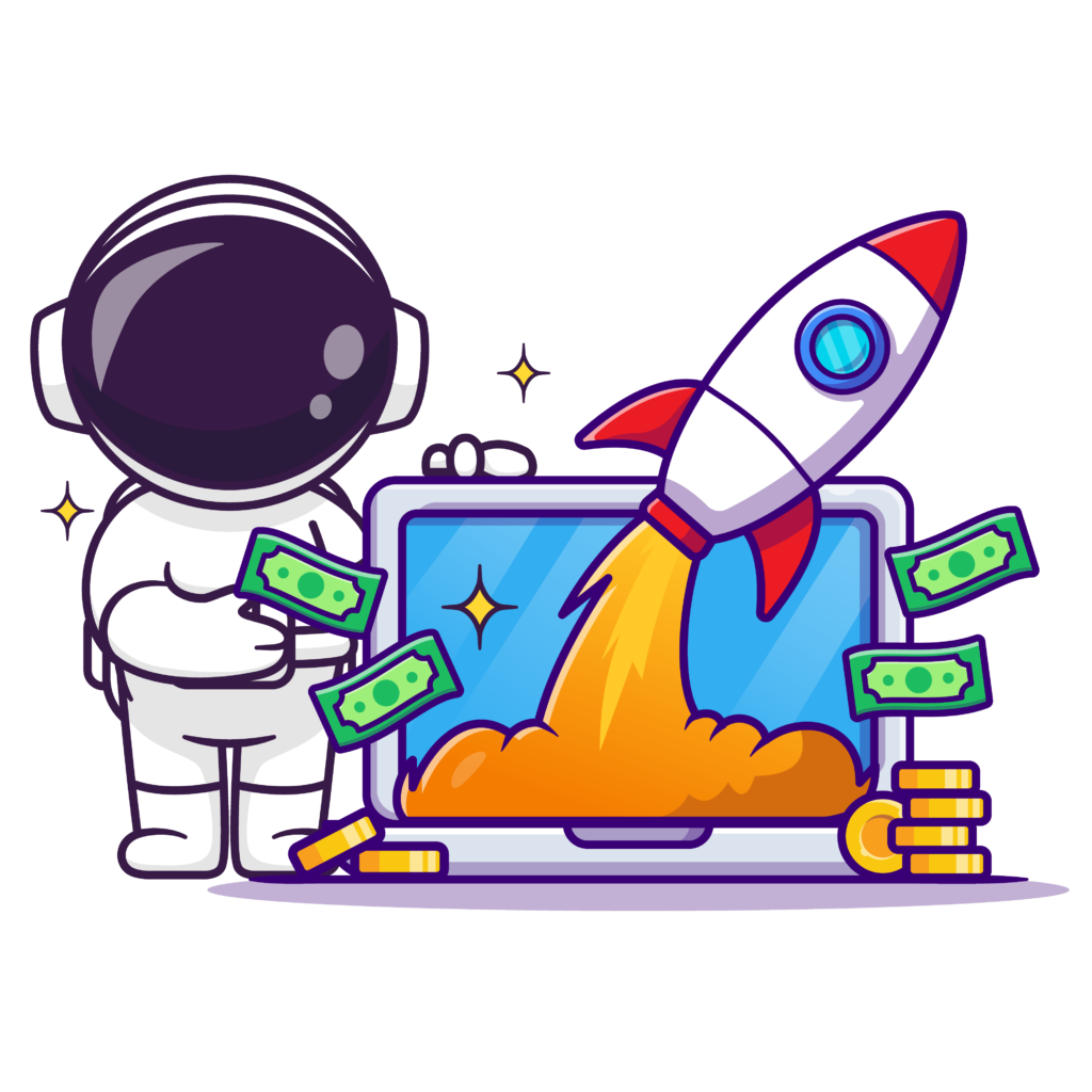 Tarifs des prestations marketing digital des solutions digitales : Astronaute à côté d'un ordinateur où une fusée décole et de l'argent sort