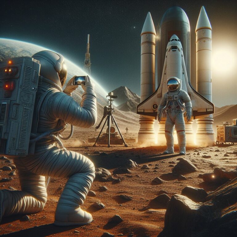 Astronaute prenant en photo un autre astronaute devant sa fusée