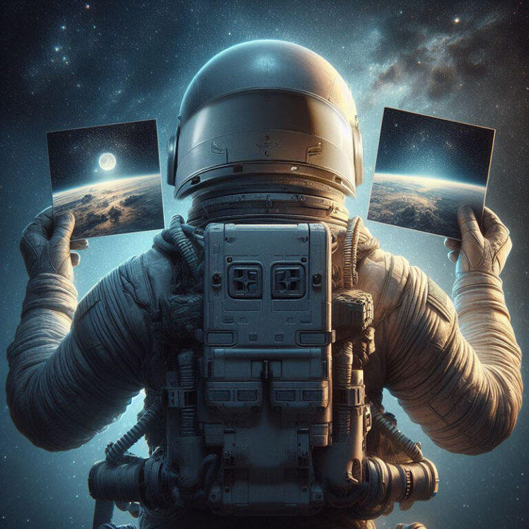 Astronaute hésitant entre deux photos : Astronaute tenant 2 photos dans les mains