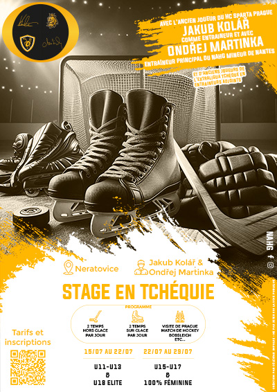 Affiche pour un stage Hockey sur glace du club de Nantes  : Affiche avec une photo d'équipements de Hockey sur la glace et des informations concernant le stage de Hockey
