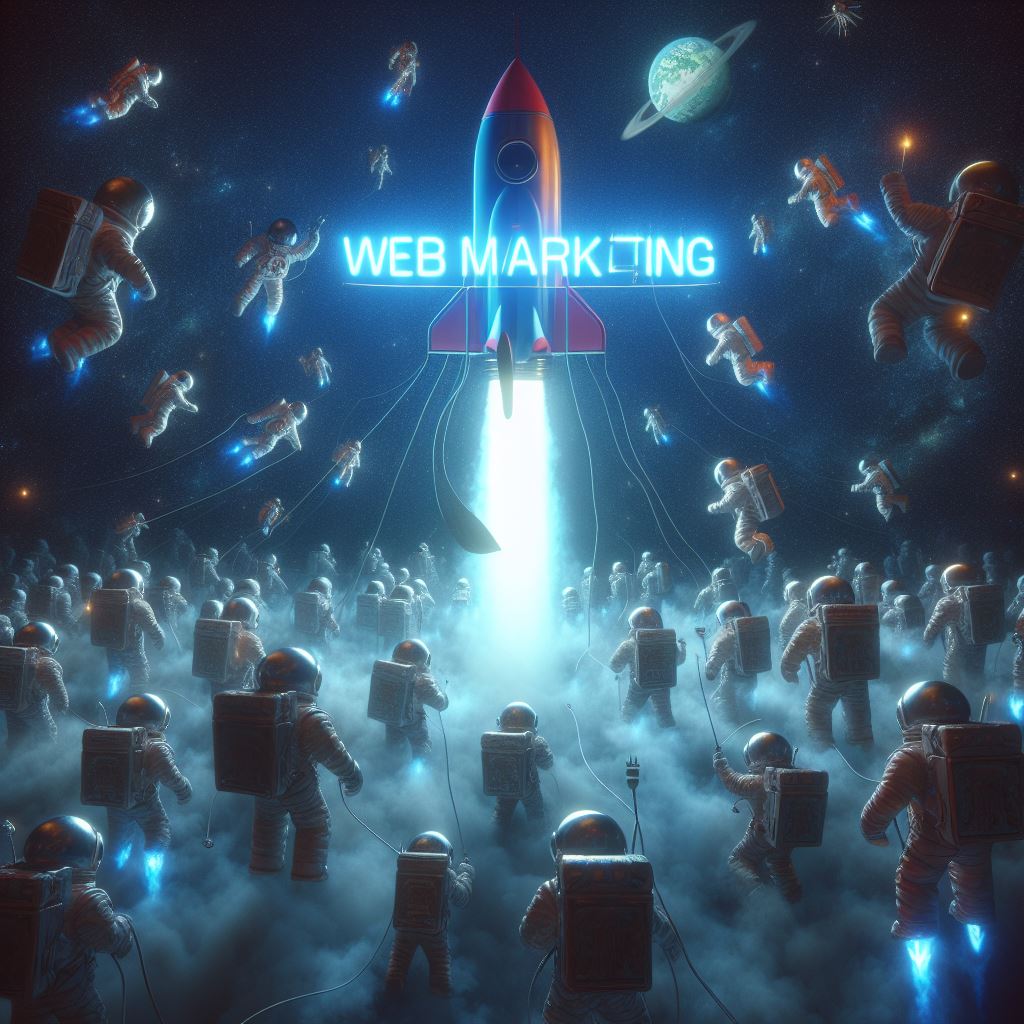 Importance du webmarketing pour faire décoller son business : Une foule d'astronaute se dirigeant vers une fusée qui décollent portant la mention "webmarketing" en néon